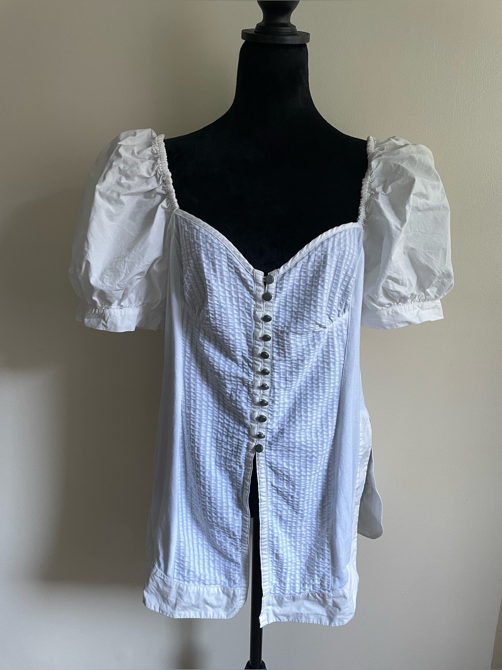 Maeve Anthropologie Mixed Media Puff Sleeve Sweetheart Top Size L